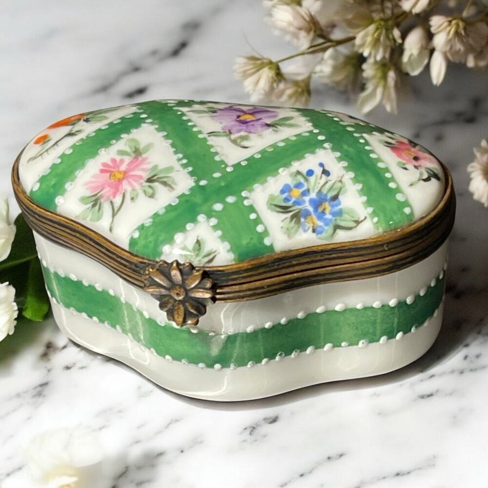 Authentic Limoges Crisscross & Floral Trinket Box, Engagement Ring Box, Pillbox